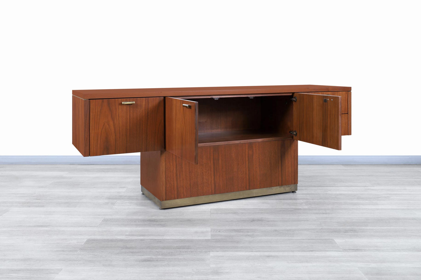 Vintage Walnut and Brass Cantilevered Credenza by Myrtle Desk Co.