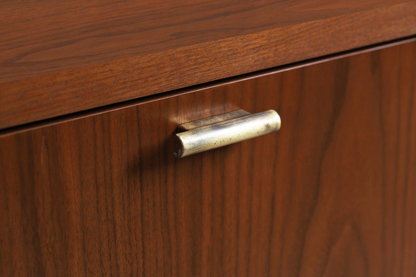 Vintage Walnut and Brass Cantilevered Credenza by Myrtle Desk Co.