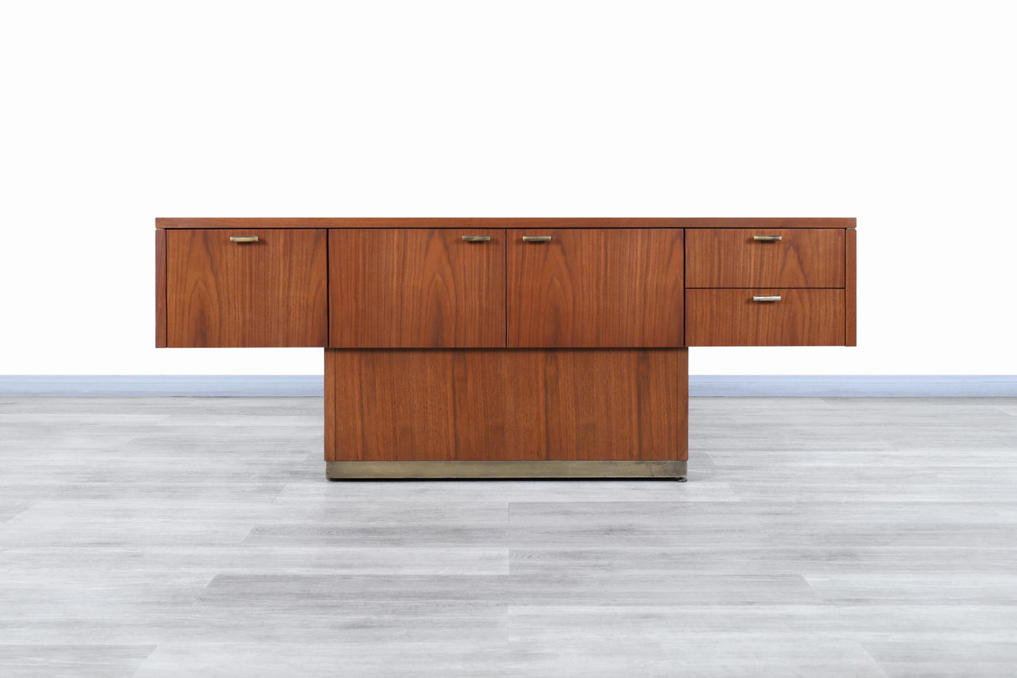 Vintage Walnut and Brass Cantilevered Credenza by Myrtle Desk Co.