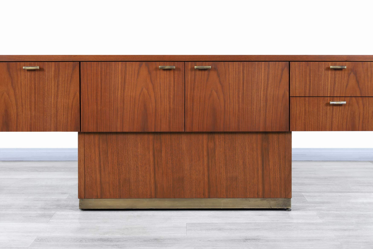 Vintage Walnut and Brass Cantilevered Credenza by Myrtle Desk Co.