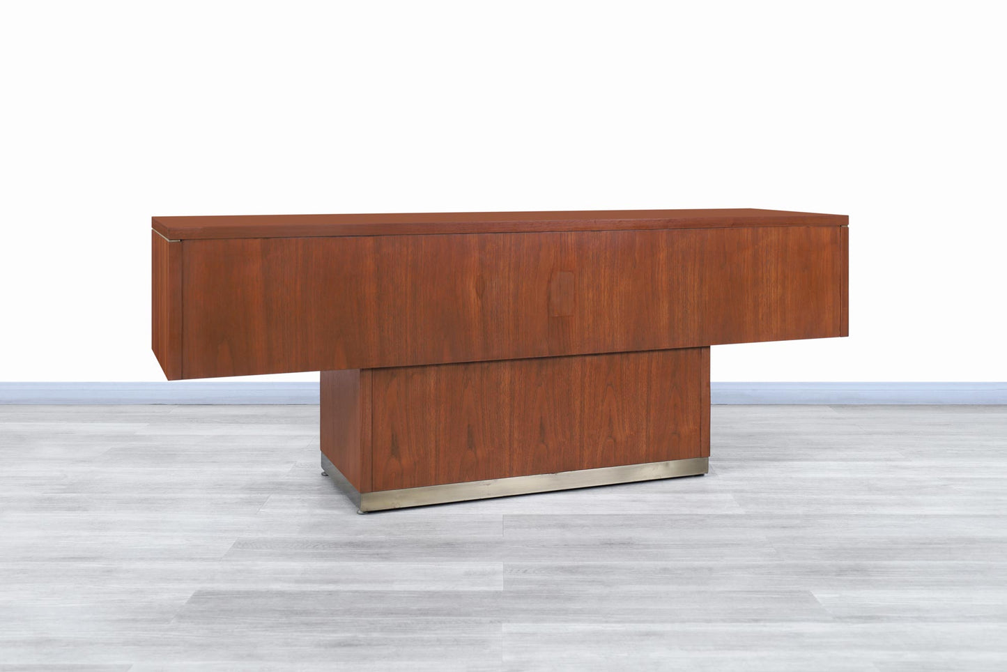 Vintage Walnut and Brass Cantilevered Credenza by Myrtle Desk Co.