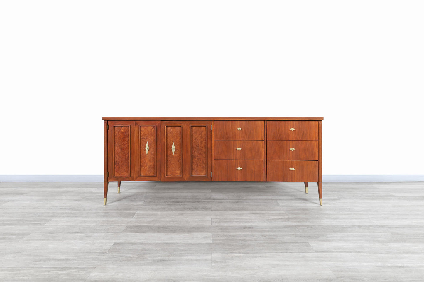 Mid-Century Modern Walnut and Burl Wood Curved Front Credenza