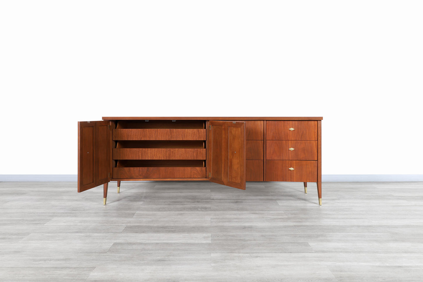 Mid-Century Modern Walnut and Burl Wood Curved Front Credenza