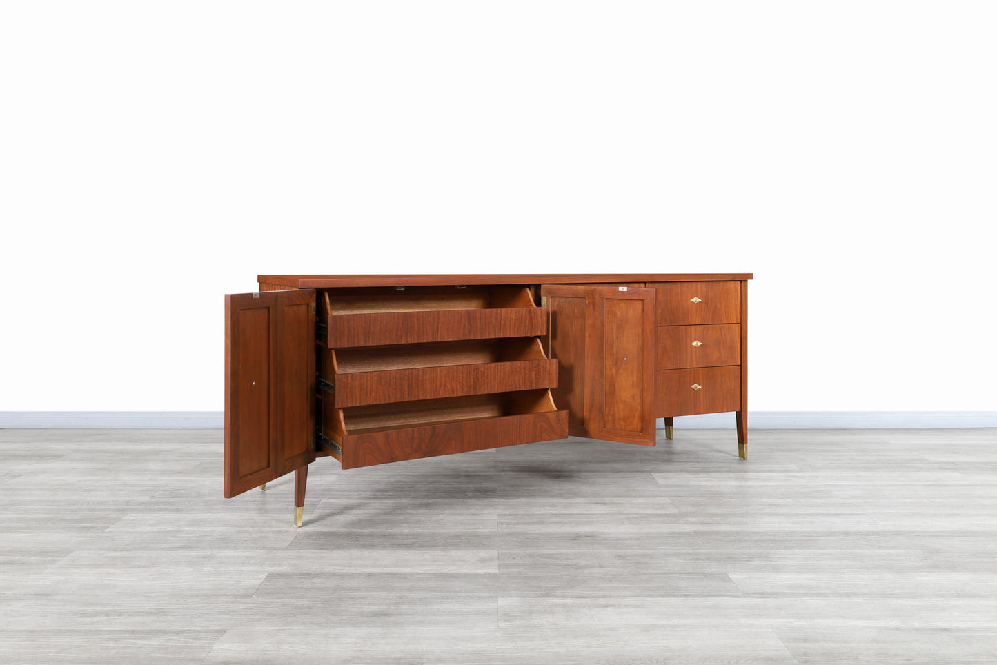 Mid-Century Modern Walnut and Burl Wood Curved Front Credenza