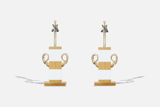 Italian Lucite and Brass Ram’s Head Table Lamps