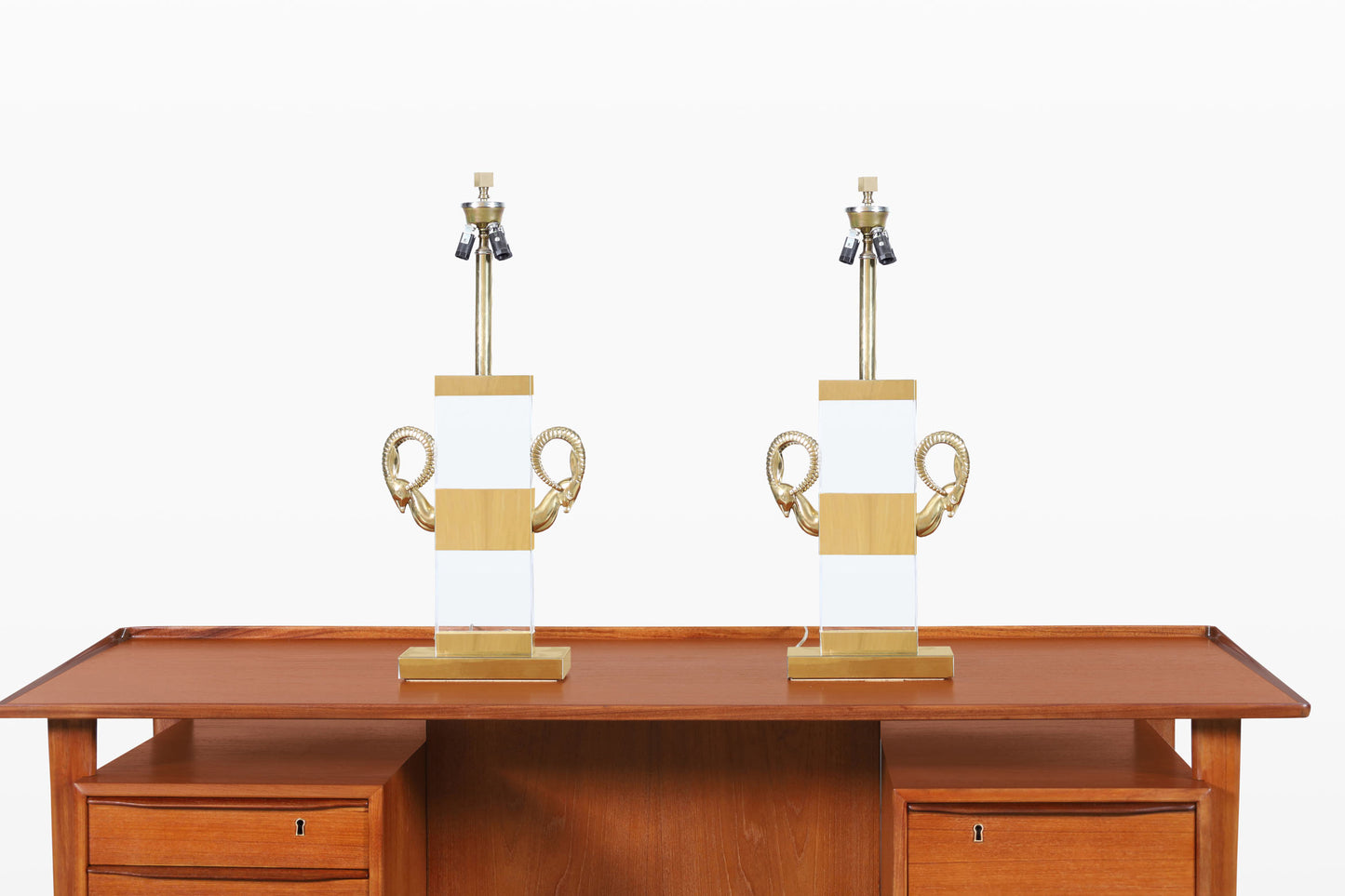 Italian Lucite and Brass Ram’s Head Table Lamps