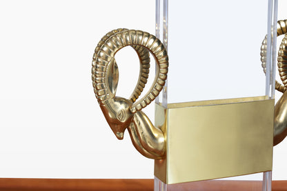 Italian Lucite and Brass Ram’s Head Table Lamps