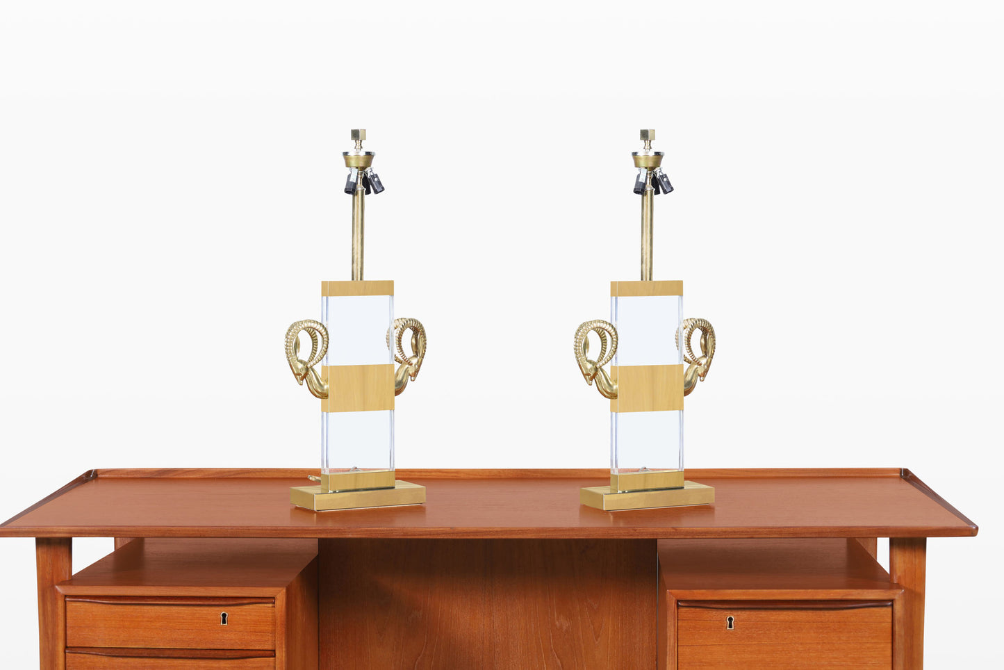 Italian Lucite and Brass Ram’s Head Table Lamps