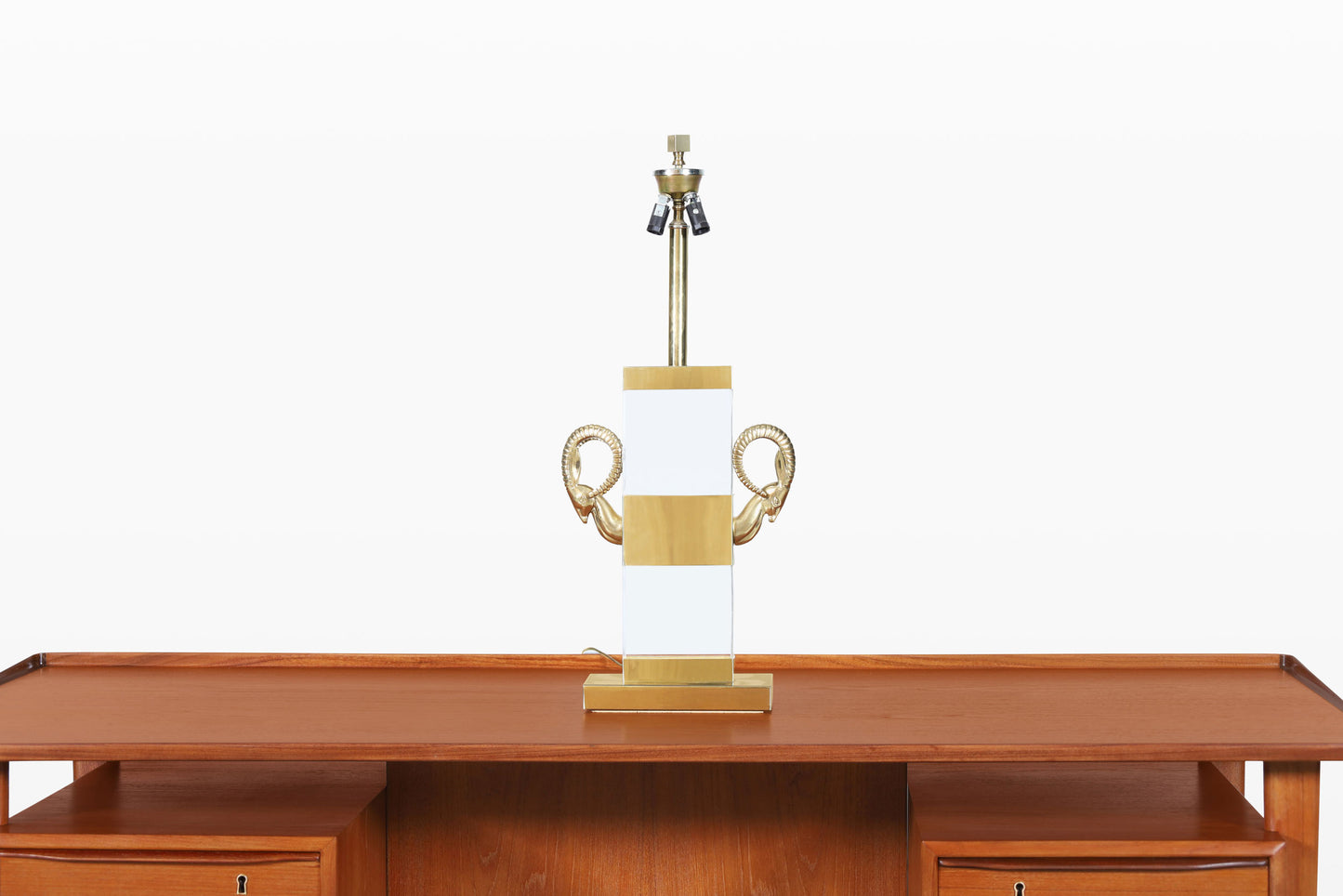 Italian Lucite and Brass Ram’s Head Table Lamps