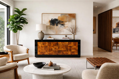 Mid-Century Burl Wood and Black Lacquered Credenza by Directional