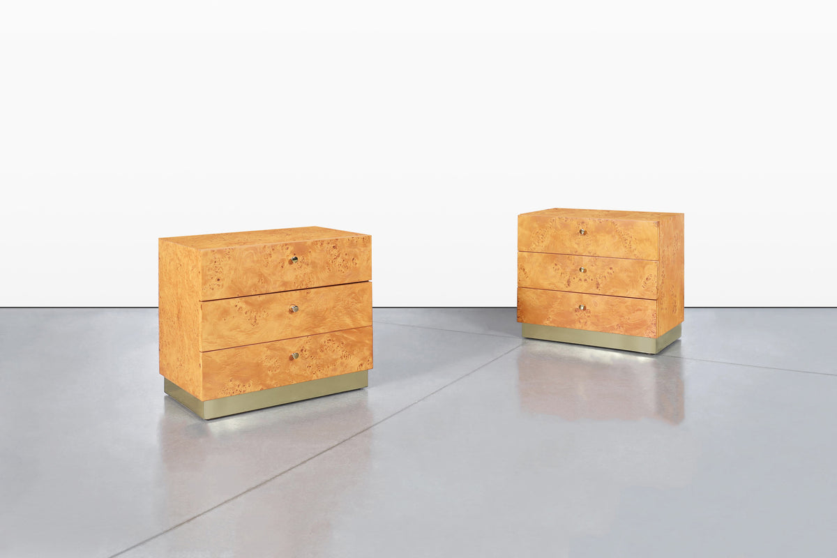 Mid-Century Burl Wood and Brass Nightstands by Founders for Thomasville