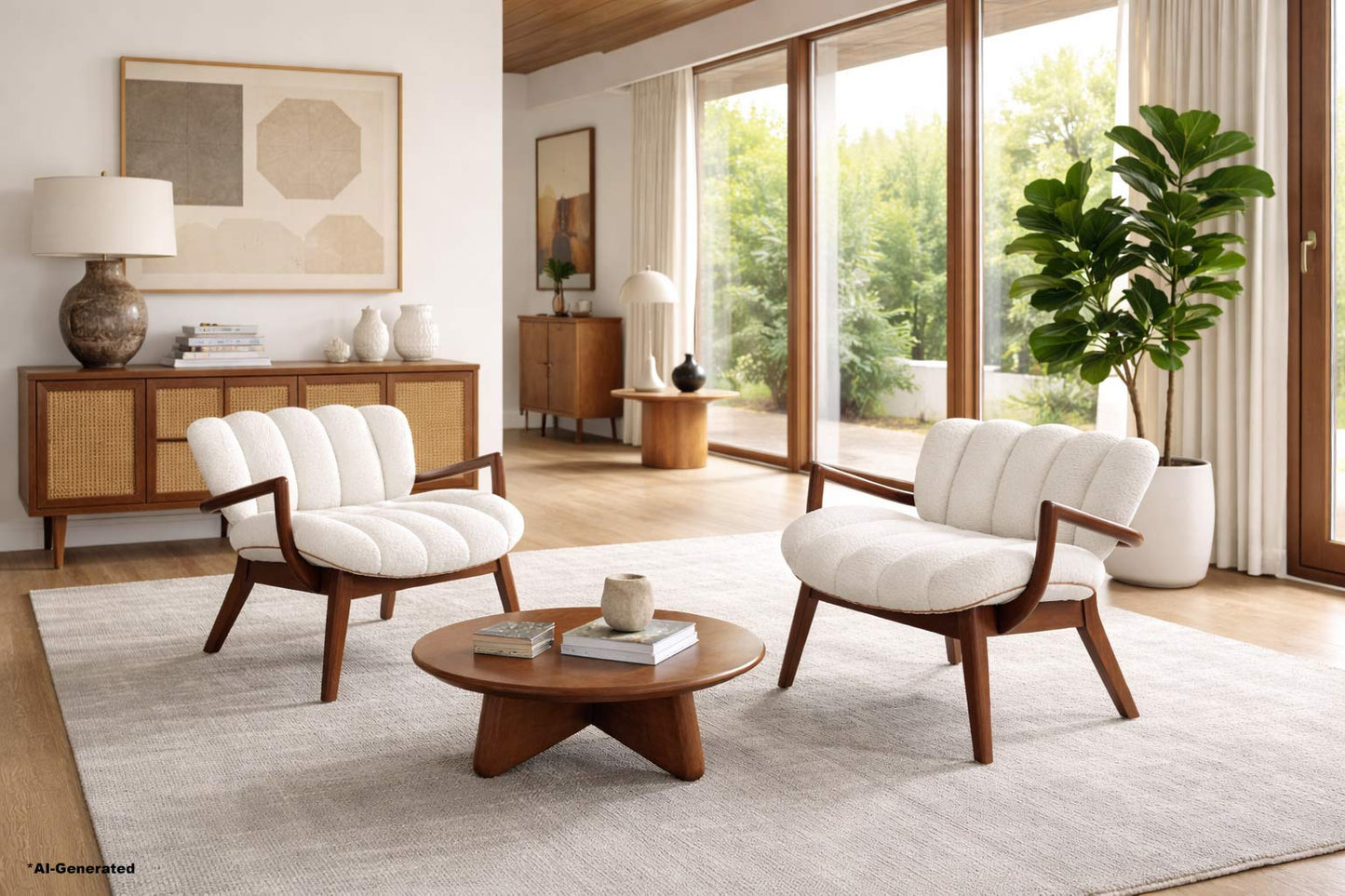 Mid-Century Modern Boucle and Leather Armchairs by Paul Laszlo