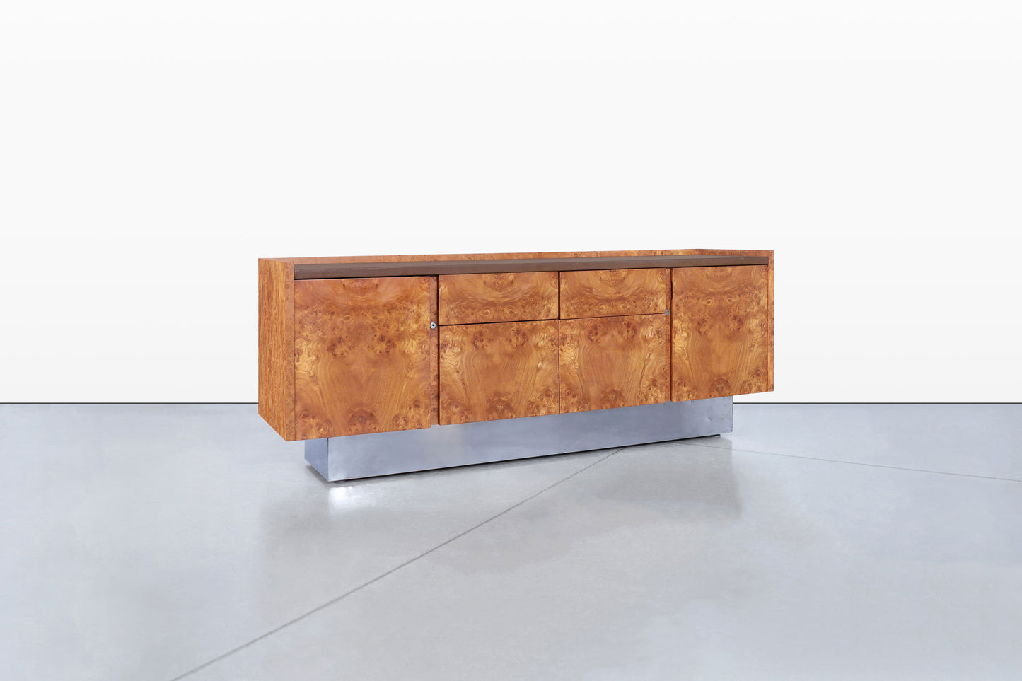 Mid-Century Modern Burl Wood and Chrome Credenza by Biltrite