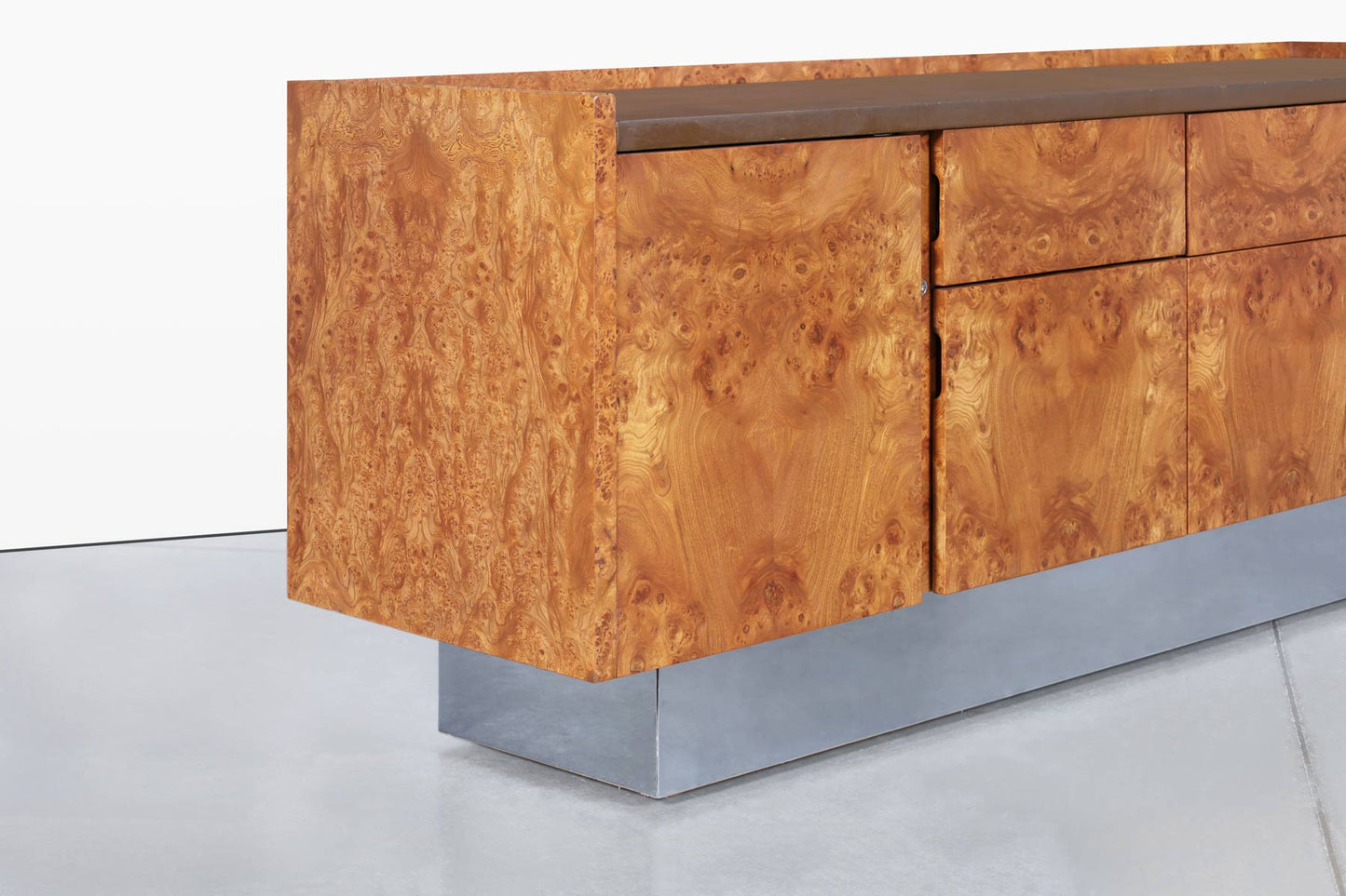 Mid-Century Modern Burl Wood and Chrome Credenza by Biltrite