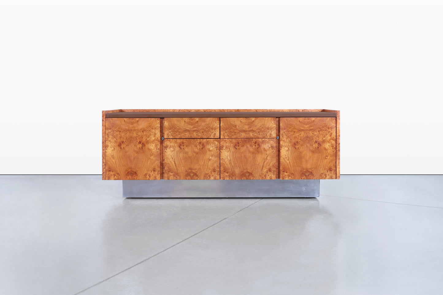 Mid-Century Modern Burl Wood and Chrome Credenza by Biltrite