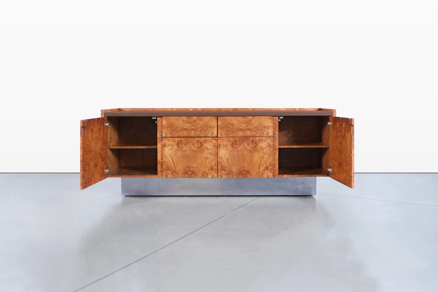 Mid-Century Modern Burl Wood and Chrome Credenza by Biltrite
