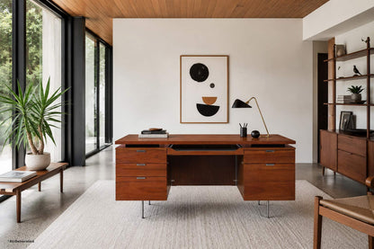 Mid-Century Modern Walnut Executive Desk Styled After Florence Knoll