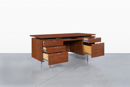 Mid-Century Modern Walnut Executive Desk Styled After Florence Knoll