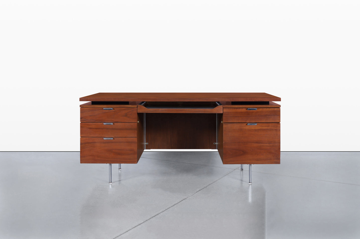 Mid-Century Modern Walnut Executive Desk Styled After Florence Knoll