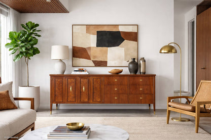 Mid-Century Modern Walnut and Burl Wood Curved Front Credenza
