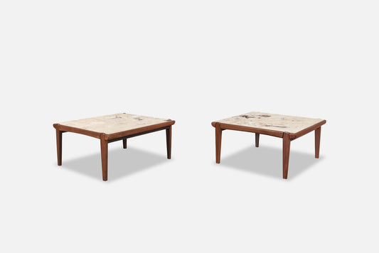 Mid-Century Modern Walnut and Faux Marble Side Tables