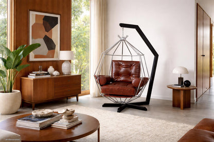 Mid-Century Swedish Leather "Perrot Cage" Swing Chair by Ib Arberg