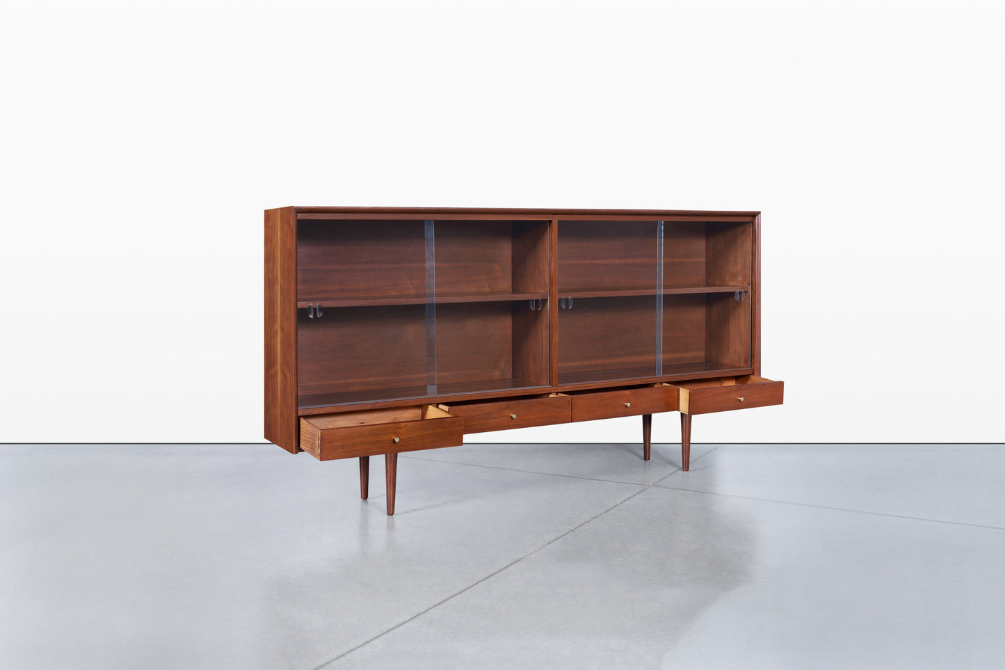 Mid-Century Walnut Credenza or Bookcase with Glass Doors by Merton Gershun