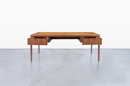 Mid-Century Walnut and Burl Wood Executive Desk by Stow Davis