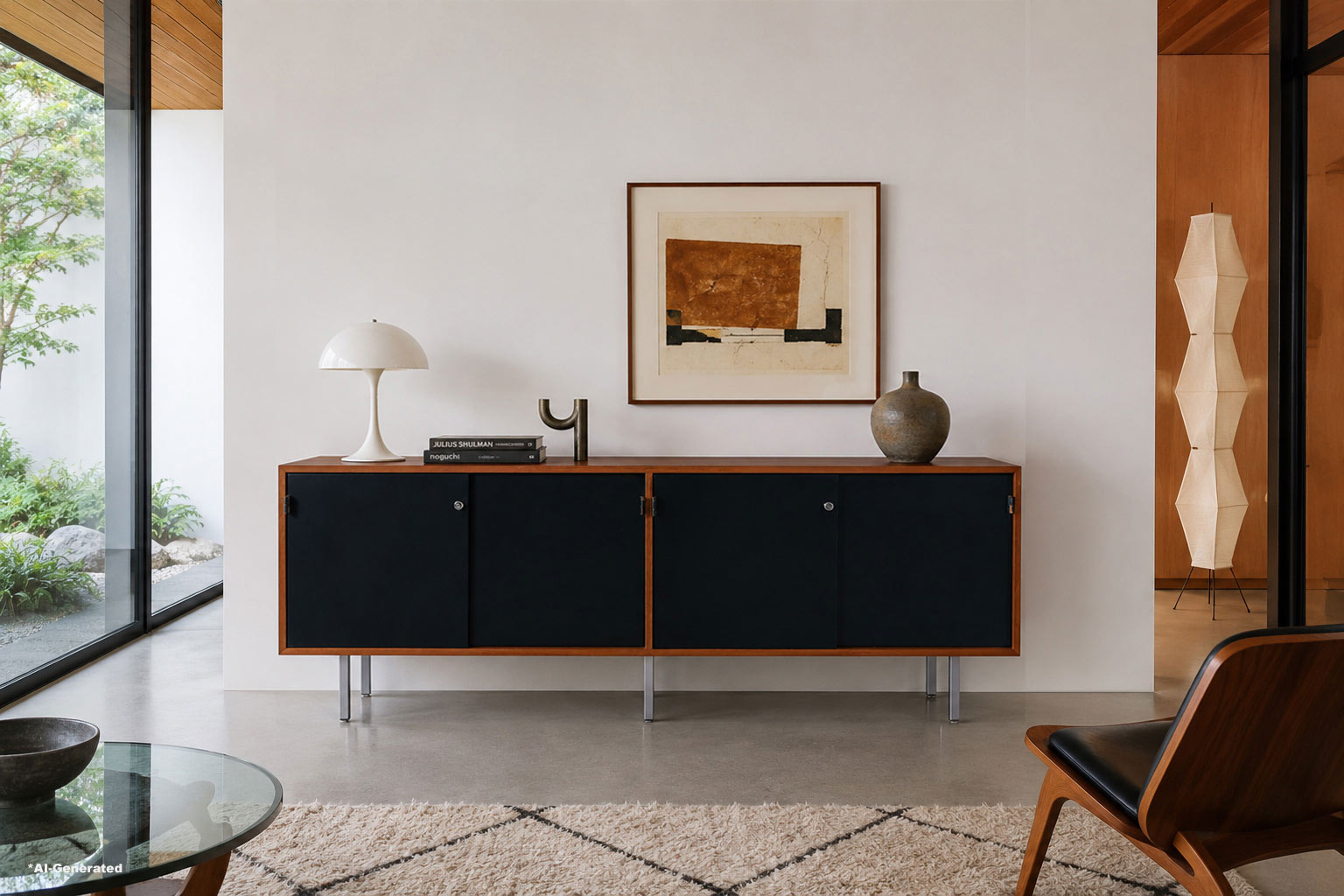 Mid-Century Modern Walnut and Black Lacquer Credenza by Florence