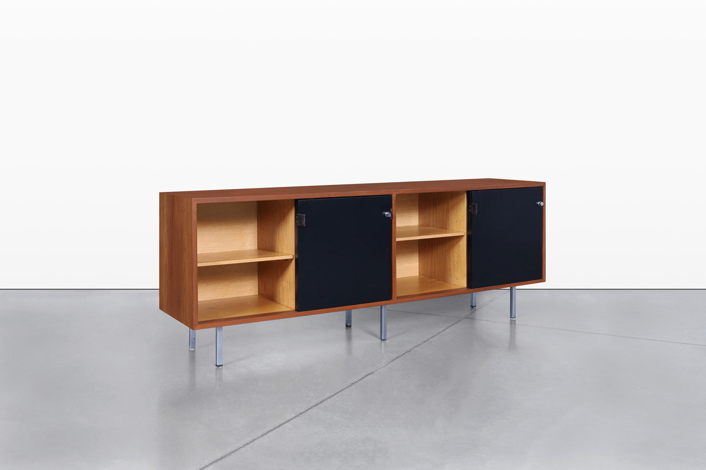 Mid-Century Modern Walnut and Black Lacquer Credenza by Florence Knoll