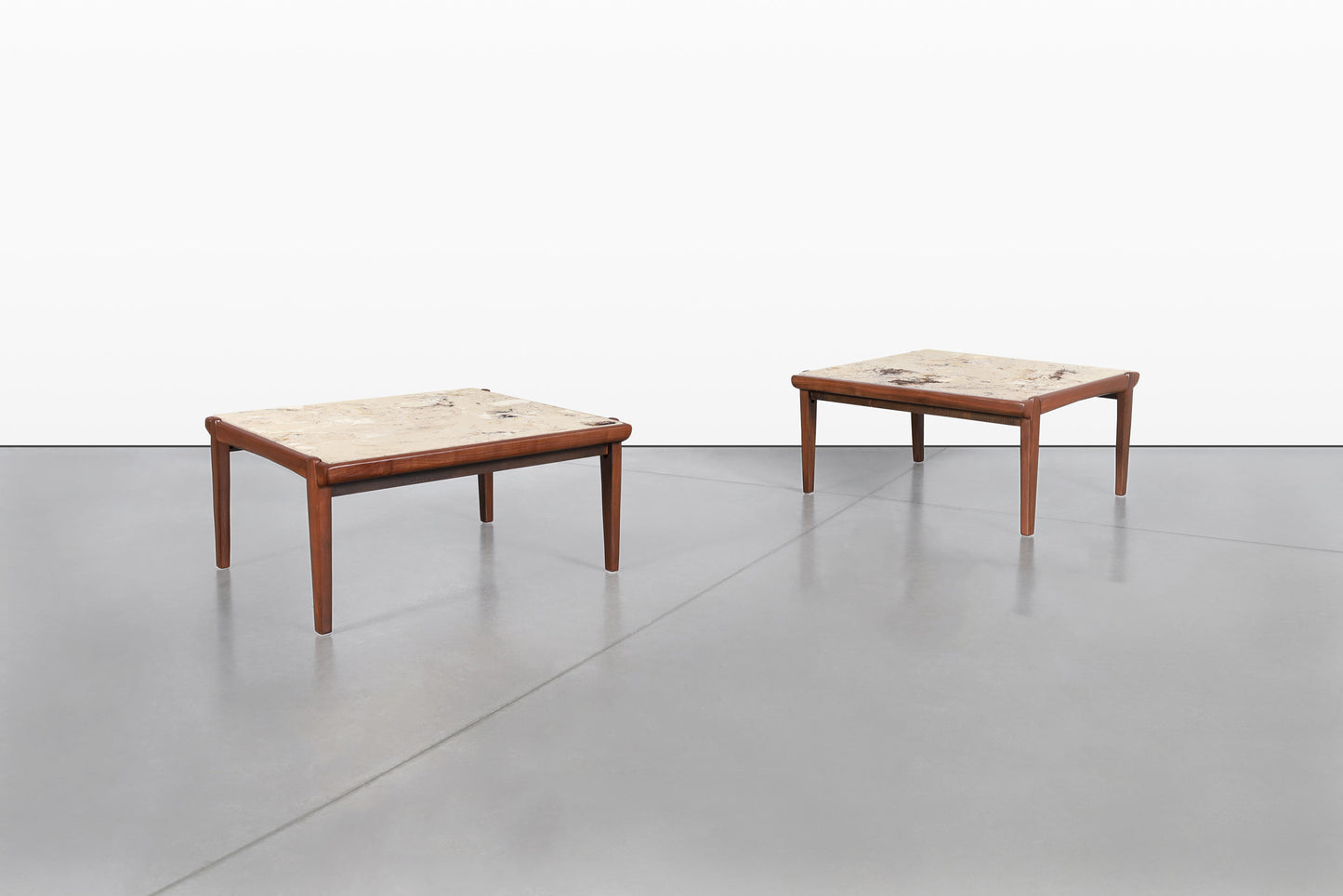 Mid-Century Modern Walnut and Faux Marble Side Tables