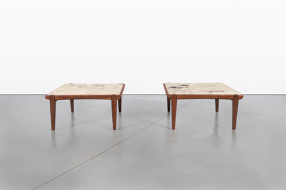 Mid-Century Modern Walnut and Faux Marble Side Tables