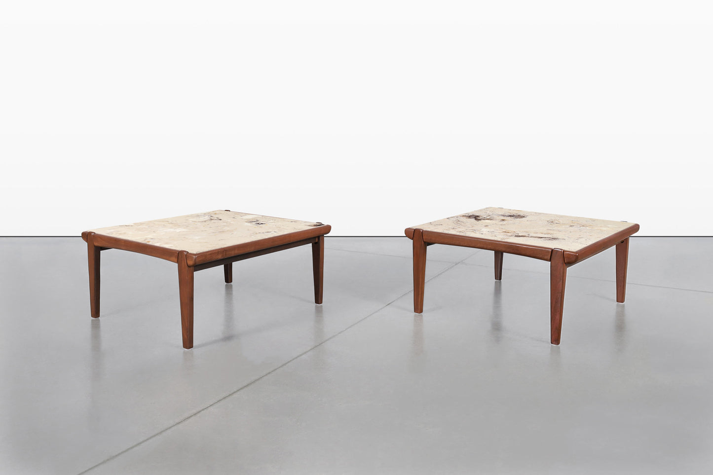 Mid-Century Modern Walnut and Faux Marble Side Tables