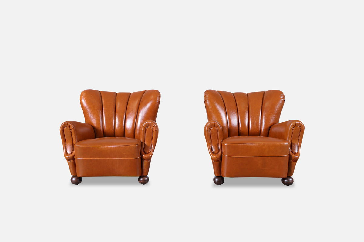 Scandinavian Art Deco Club Lounge Chairs in Cognac Leather, 1940s