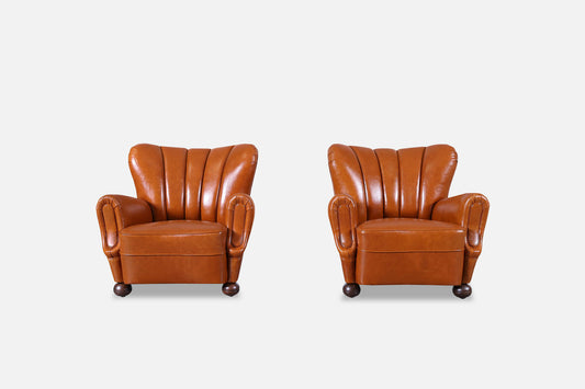 Scandinavian Art Deco Club Lounge Chairs in Cognac Leather, 1940s