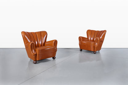 Scandinavian Art Deco Club Lounge Chairs in Cognac Leather, 1940s