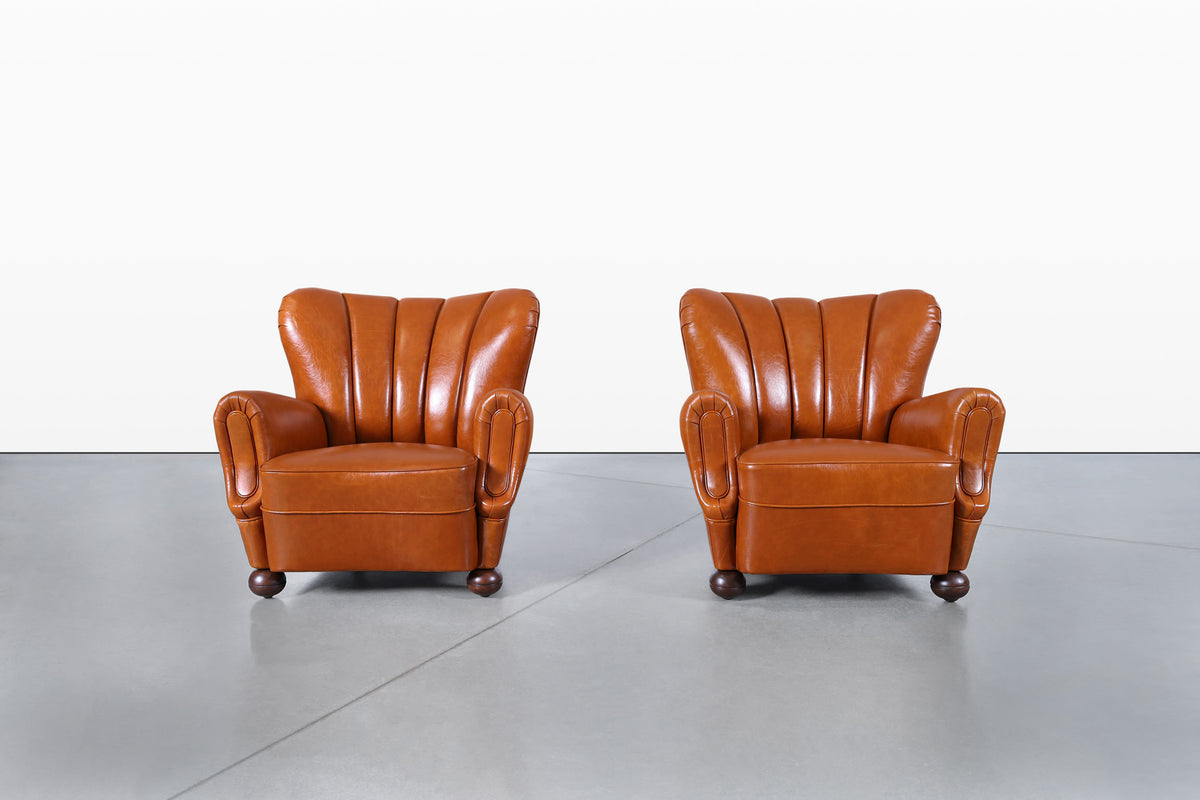 Scandinavian Art Deco Club Lounge Chairs in Cognac Leather, 1940s