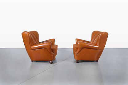 Scandinavian Art Deco Club Lounge Chairs in Cognac Leather, 1940s