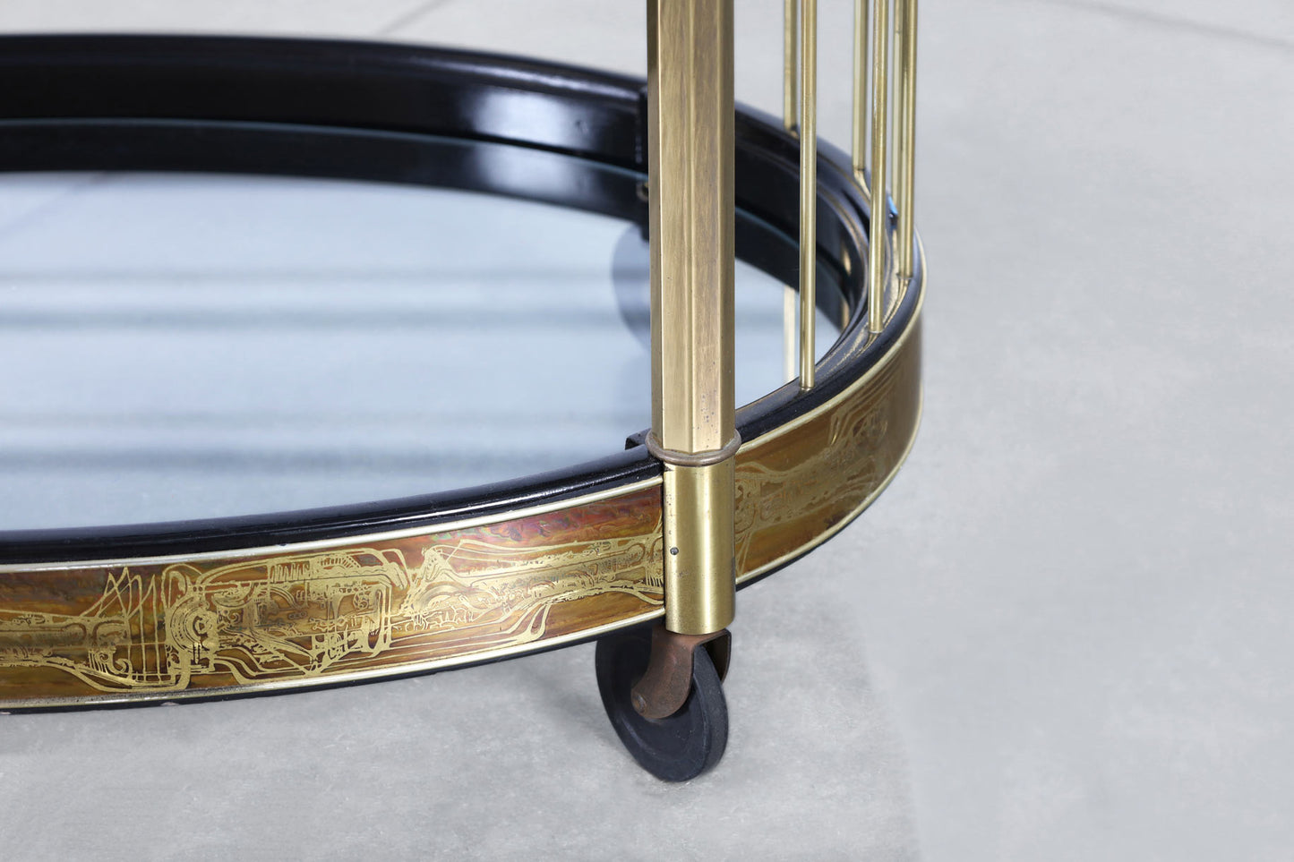 Vintage Acid Etched Brass and Glass Bar Cart by Bernhard Rohne for Mastercraft