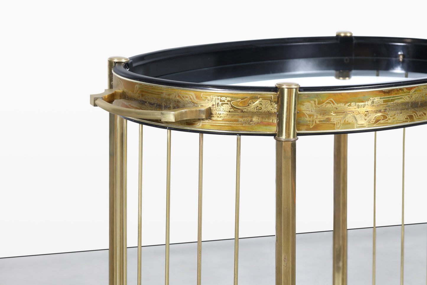 Vintage Acid Etched Brass and Glass Bar Cart by Bernhard Rohne for Mastercraft