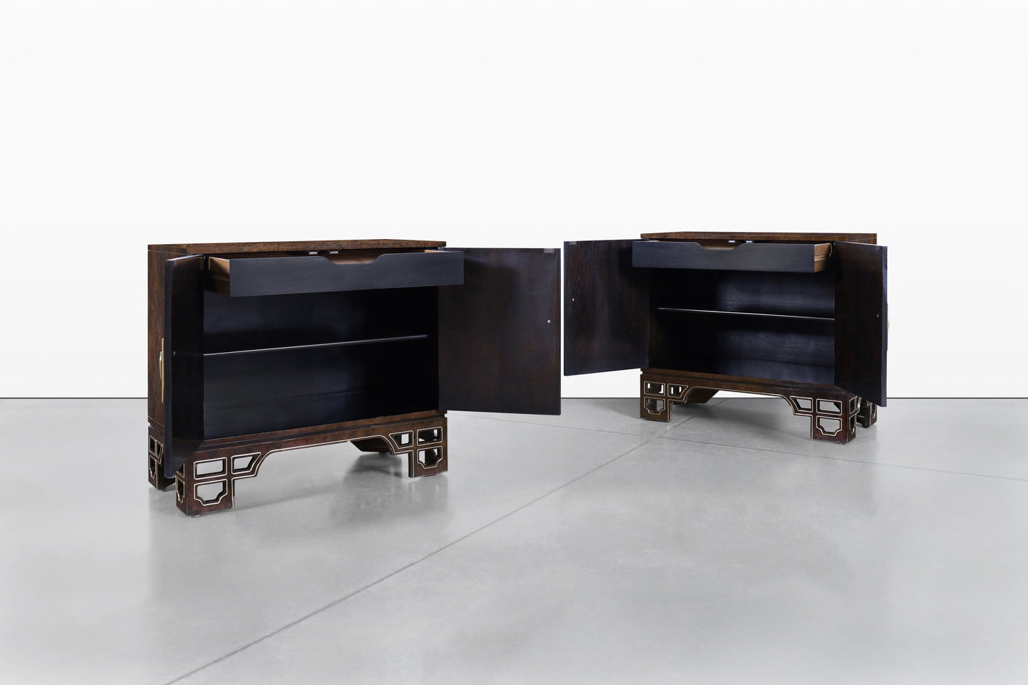Vintage Asian-Style Burl Wood and Brass Cabinets by Mastercraft