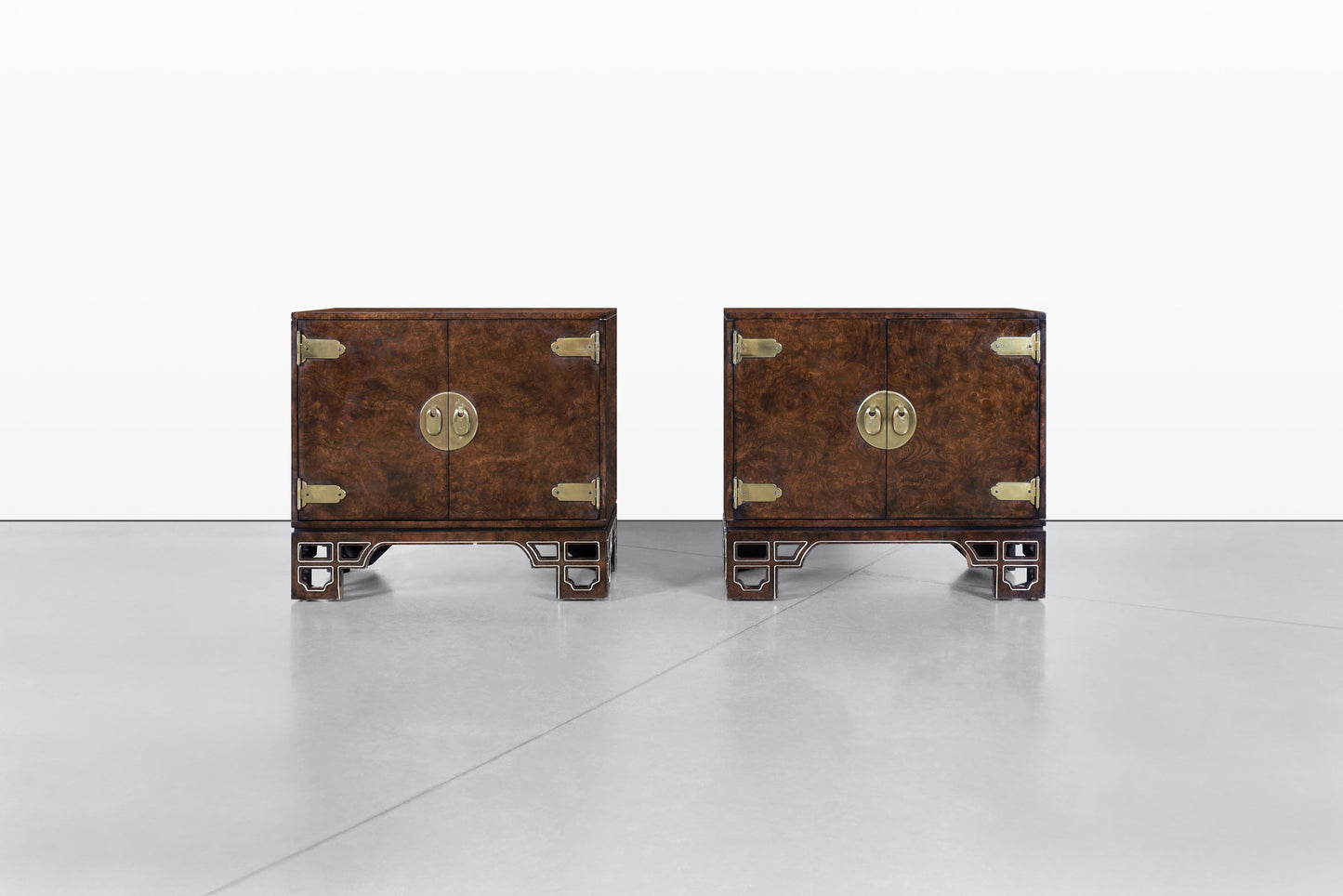 Vintage Asian-Style Burl Wood and Brass Cabinets by Mastercraft