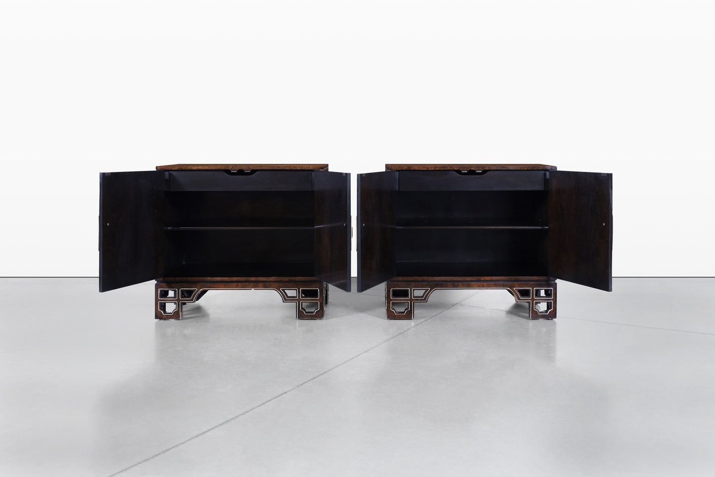 Vintage Asian-Style Burl Wood and Brass Cabinets by Mastercraft