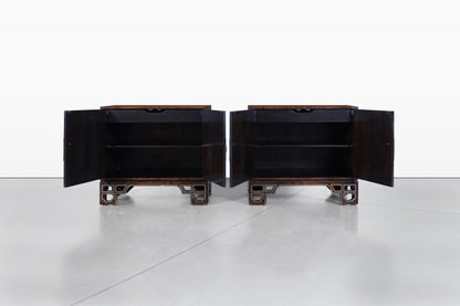 Vintage Asian-Style Burl Wood and Brass Cabinets by Mastercraft