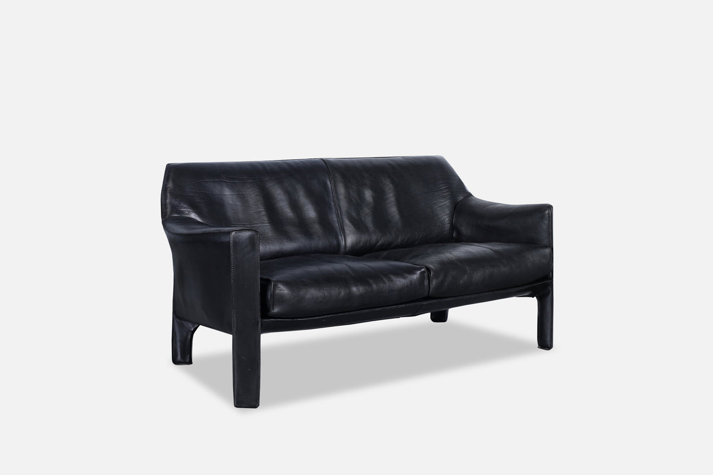 Vintage Black Leather Cab 415 Settee by Mario Bellini for Cassina