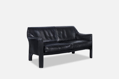 Vintage Black Leather Cab 415 Settee by Mario Bellini for Cassina