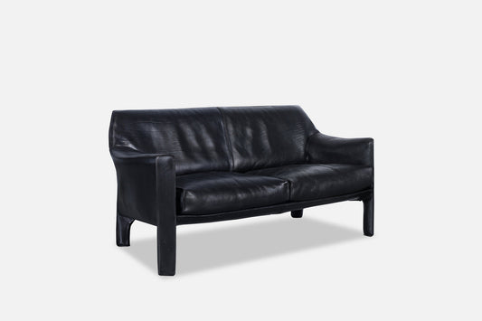 Vintage Black Leather Cab 415 Settee by Mario Bellini for Cassina