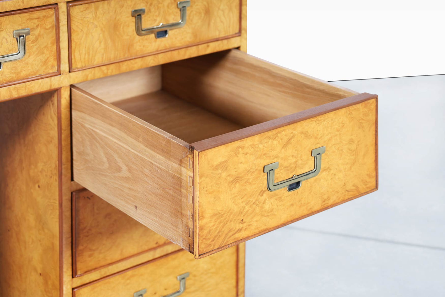 Vintage Burl Wood and Brass Campaign Desk by John Widdicomb