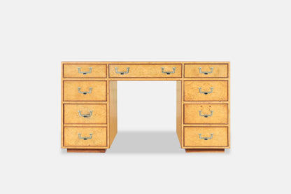 Vintage Burl Wood and Brass Campaign Desk by John Widdicomb