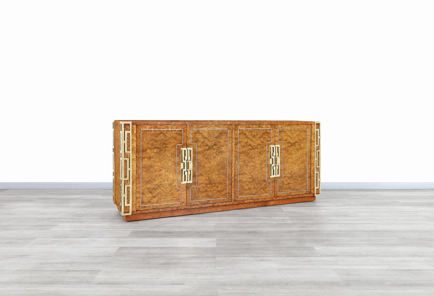 Vintage Burl Wood and Brass Credenza by Mastercraft